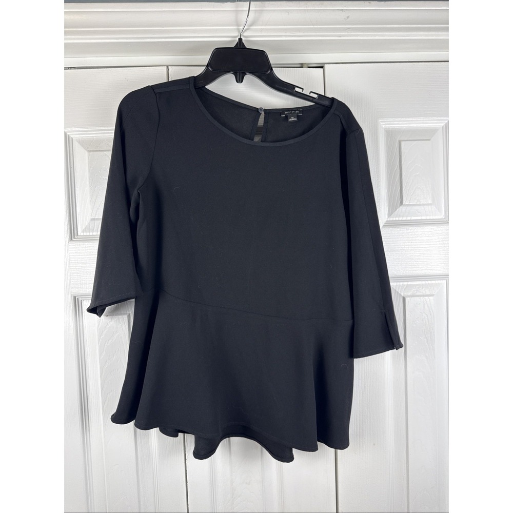 Ann Taylor Blouse Top Womens Medium Peplum Ruffle Hem 3/4 Bell Sleeve Black